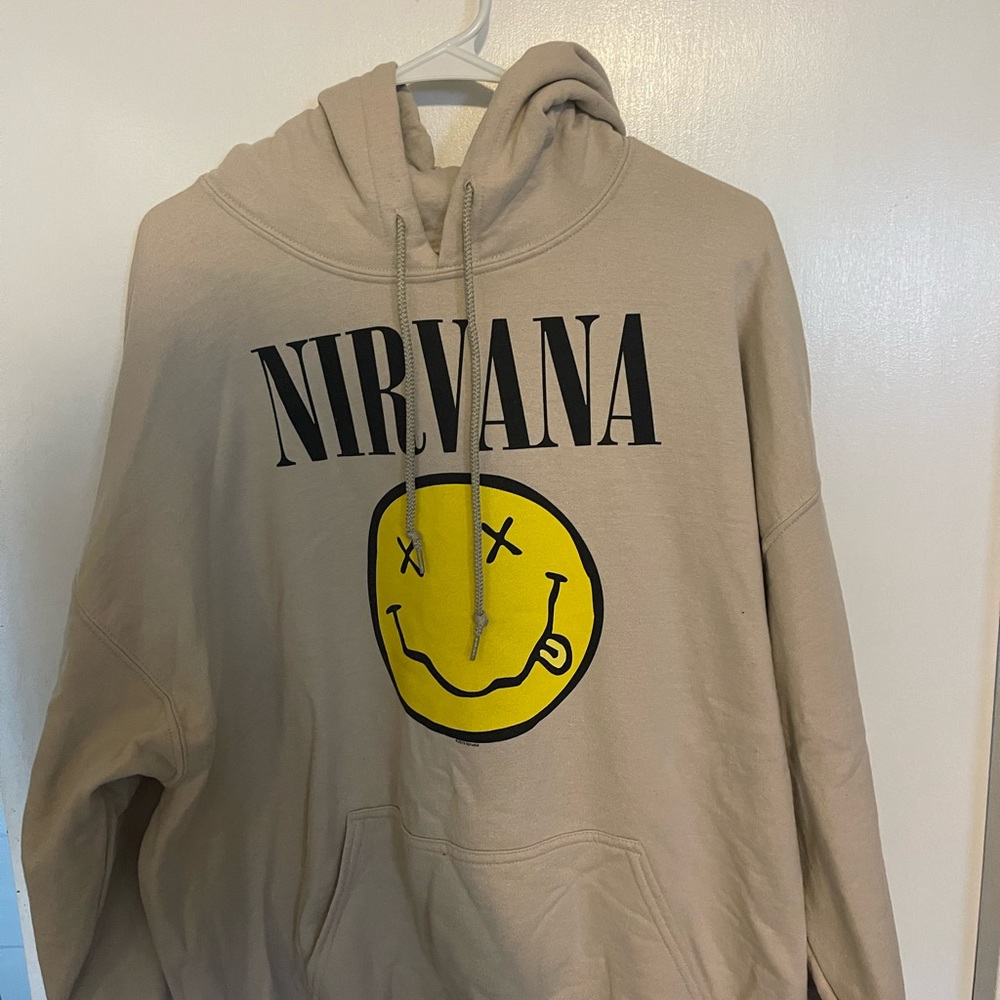 Nirvana Men's Yellow Smiley Hooded Sweatshirt Tan